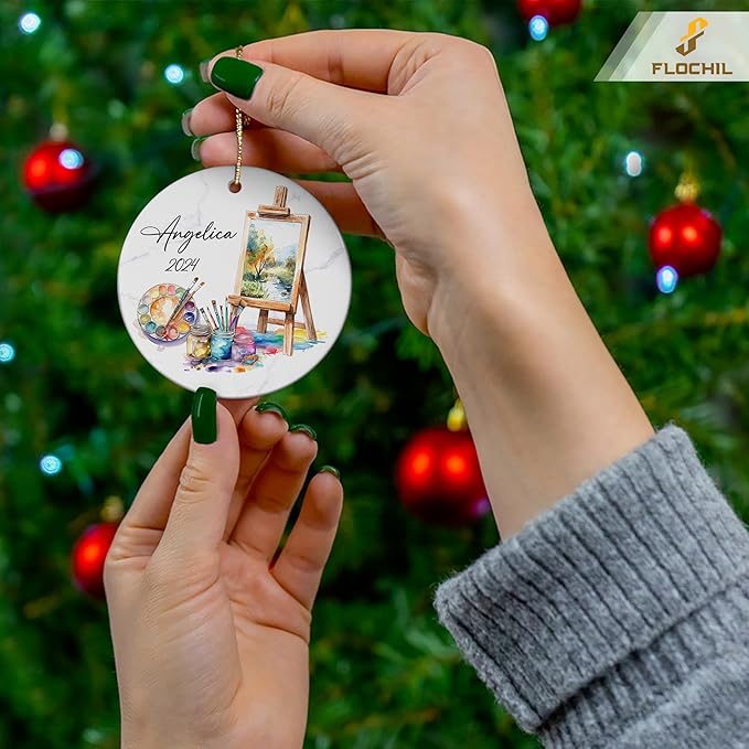 FLOCHIL Personalized Artist Ornaments for Christmas Tree, Custom Artist Palette Christmas Ornament with Name, Drawing Ornaments for Christmas Tree, Gifts for Girls, Christmas