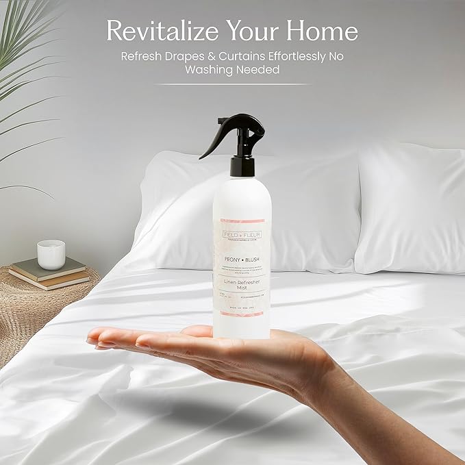 FIELD FLEUR Peony Blush Linen & Room Spray 15.5 oz - Aromatic & Refreshing Bedding & Fabric Mist - Air Freshener for Clothes & Sofas - Notes of Peony, Geranium & Ylang-Ylang - Made in USA