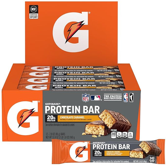Gatorade Whey Protein Bars, Chocolate Caramel, 2.8 oz bars (Pack of 12, 20g of protein per bar)