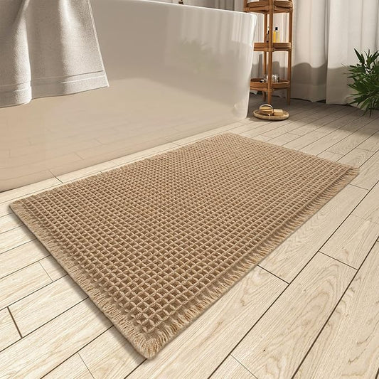 AMOAMI Upgraded Waffle Bath Mat, Super Absorbent Non Slip Bath Mats for Bathroom Floor, Machine Washable Bathroom Rugs with Tassels, Rubber Backed Bathroom Mat, Ultra Soft, Brown, 24" x 36"