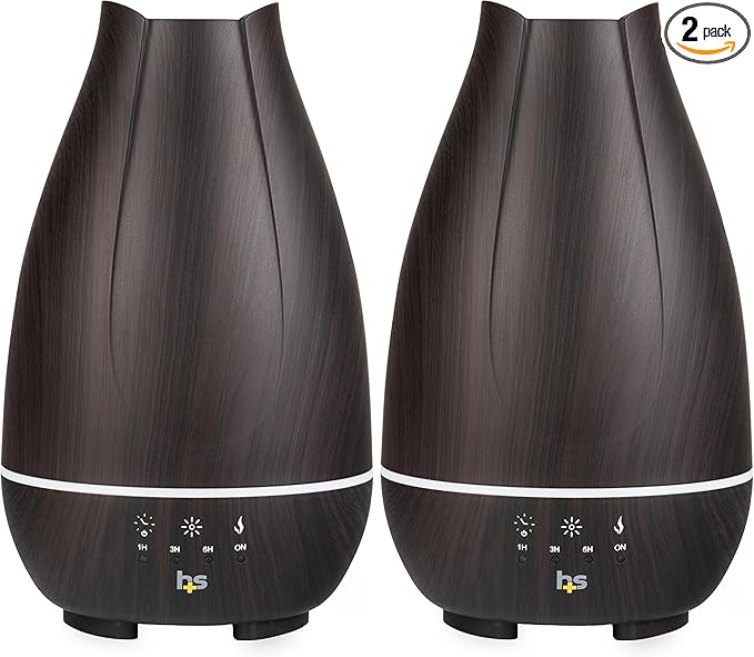 HealthSmart Essential Oil Diffuser, Cool Mist Humidifier and Aromatherapy Diffuser with 500ML Tank Ideal for Large Rooms, Adjustable Timer, Mist Mode and 7 LED Light Colors, Brown (Pack of 2)