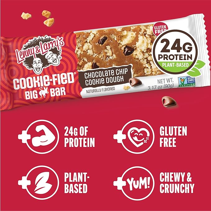 Lenny & Larry's Cookie-fied BIG BAR – Chocolate Chip Cookie Dough Vegan Protein Bars 12x90g – Healthy Snacks, 24g Plant Protein & 10g Prebiotic Fiber – Gluten free Power Bar, Keto Friendly & Vegan