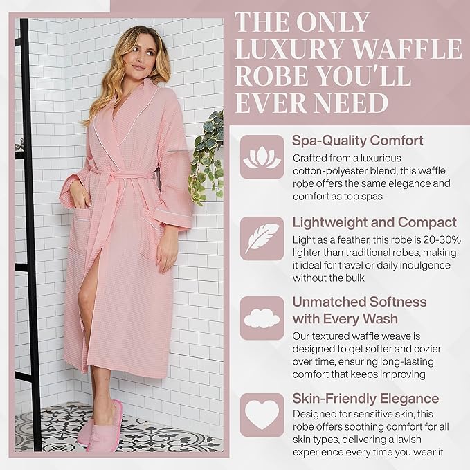 Lotus Linen Waffle Robes for Women - Lightweight Cotton Kimono Bathrobe - Long Soft Spa Bath Robe
