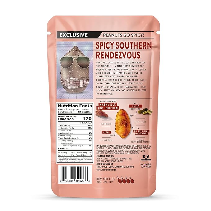 Henrietta Said Wing-Flavored Peanuts - Truly Good Foods Snacking Nuts - Bold Flavors - Savory & Spicy Jumbo Flavored Peanuts - Vegan Snack -(5-oz) - Nashville Hot Chicken With Pickle