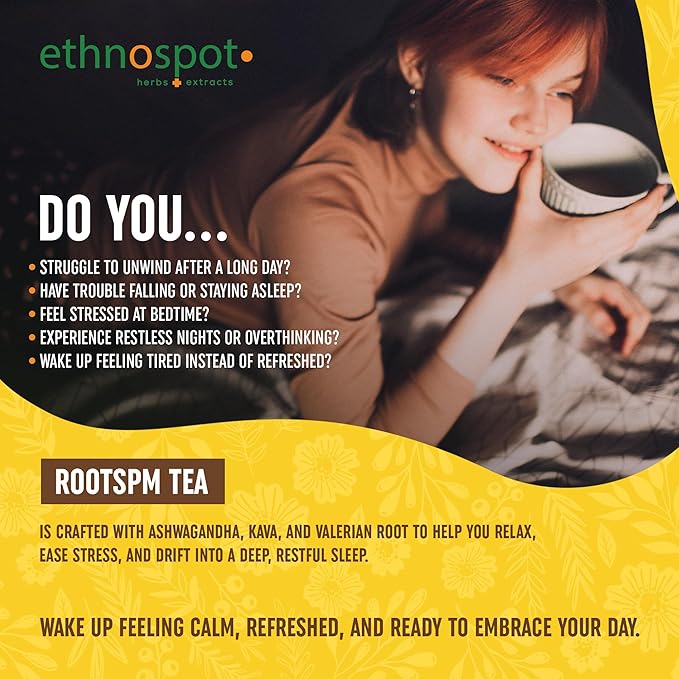 RootsPM Sleep Teabags - Herbal Blend of Valerian Root, Ashwagandha & Kava Kava, Natural Relaxation Tea for Restful Nights, Unsweetened & Vegan, 100% Natural Ingredients - 2 Gram Teabags - 32 Teabags