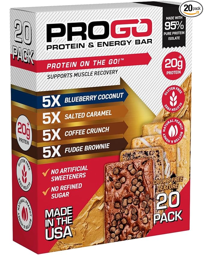 ProGo Protein Bars, Low Sugar, High Protein Snacks (Up to 21g) - 95% Pure Isolate for Faster Muscle Growth & Recovery, Low Calorie, Sweetened w/Peanut Butter & Raw Honey (20-Count, Variety Pack)