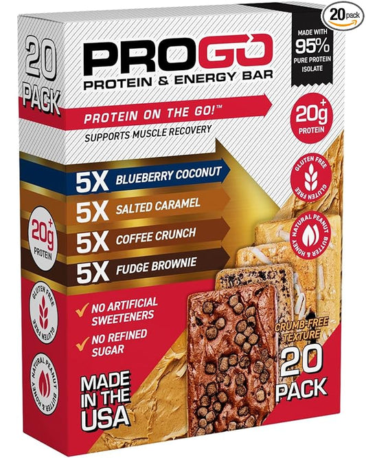 ProGo Protein Bars, Low Sugar, High Protein Snacks (Up to 21g) - 95% Pure Isolate for Faster Muscle Growth & Recovery, Low Calorie, Sweetened w/Peanut Butter & Raw Honey (20-Count, Variety Pack)