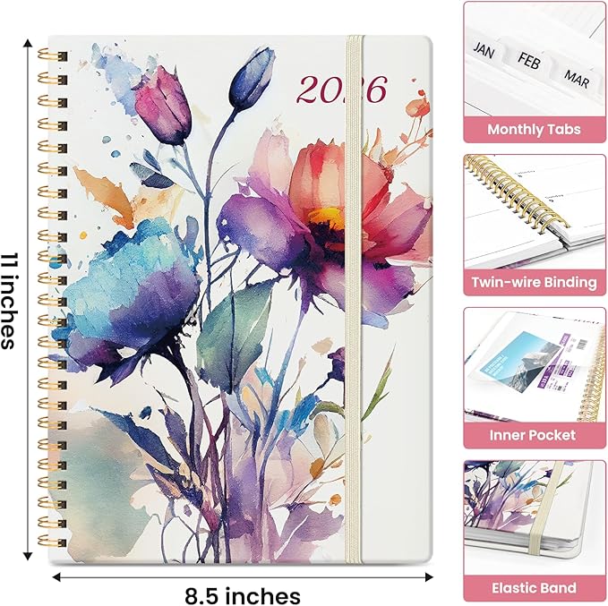 2026 Planner, Monthly and Weekly Calendar Planner for Women, January 2026 - December 2026, Hardcover Pretty 2026 Agenda Planner Book with Tabs, Spiral Bound, Perfect for School Office Home Supplies, 8.5" x 11" - Painted Bloom