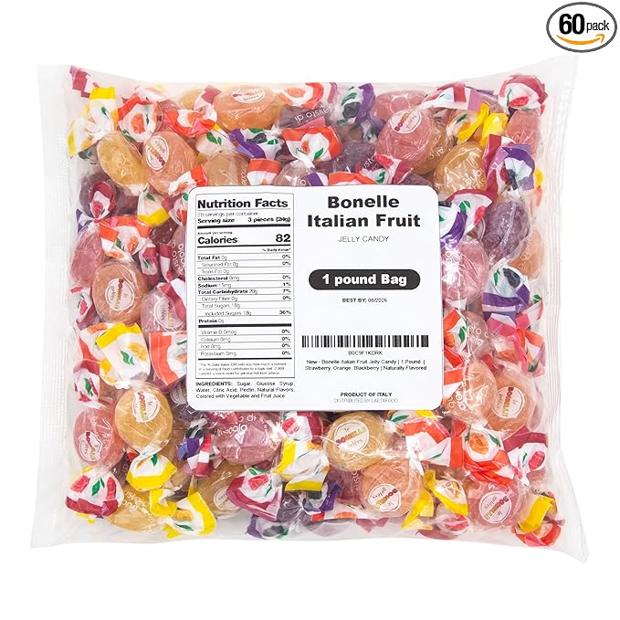 Bonelle Italian Fruit Jelly Candy | 1 Pound Bag | Vegan Dye Free Candy Individually Wrapped | Lemon, Strawberry, Orange, Blackberry | Naturally Flavored