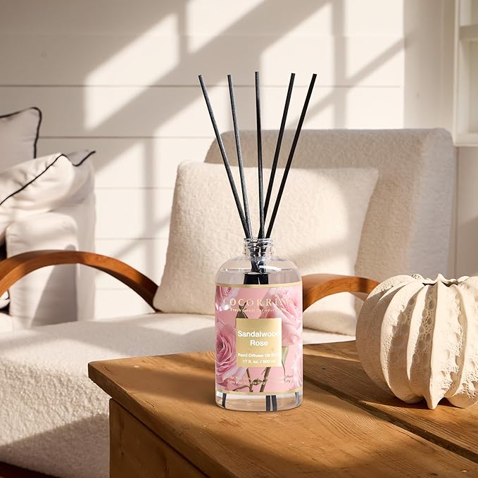Cocorrína Reed Diffuser Refill Sandalwood Rose 17oz (500ml) with 8 Sticks - Premium Long-Lasting Floral Essential Oil, Home Fragrance for Bedroom, Bathroom Home Decor