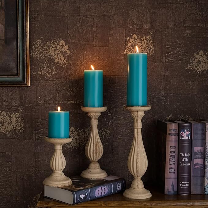 MOZEAL 3" x 6" Hand-Poured Unscented Candle,Dripless Pillar Candle Set of 3,Long Lasting Burning,Approx 120 Hours Burn Time,Rustic Country Style,for Wedding,Dinner,Christmas and Home Decor,Turquoise