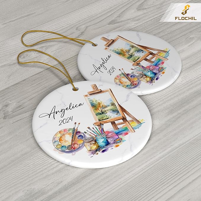FLOCHIL Personalized Artist Ornaments for Christmas Tree, Custom Artist Palette Christmas Ornament with Name, Drawing Ornaments for Christmas Tree, Gifts for Girls, Christmas