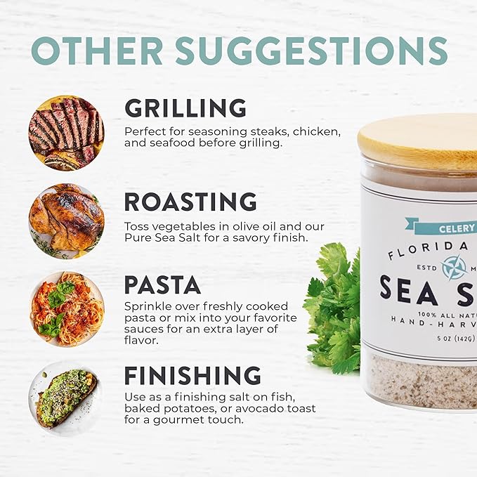 FLORIDA PURE Celery Sea Salt - 80+ Mineral Sea Salt, Natural, Unrefined, Non Iodized - for Baking, Cooking, Seasoning & Cocktail Rims - Rich Taste Flaky Sea Salt (5 oz Jar)