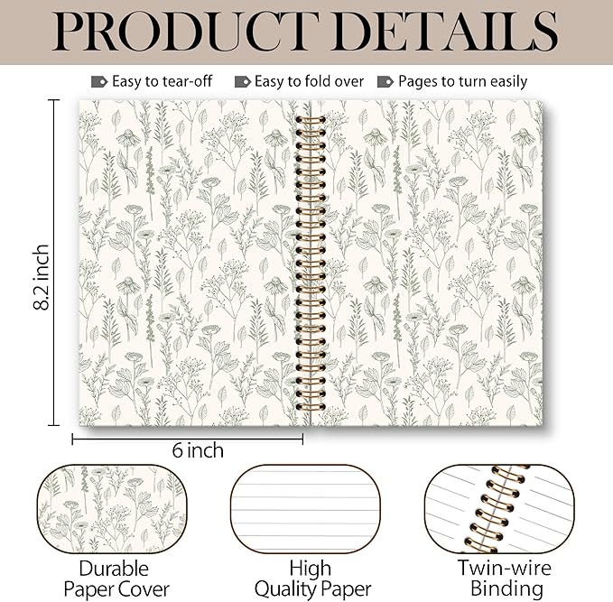 Green Floral Notebook Journal - Floral Journal, Green Floral Flower Spiral Notebook, Flower Aesthetic Notebooks for Women Girls, Vintage Botanical Wildflowers School Office Supplies, 6x8.2In