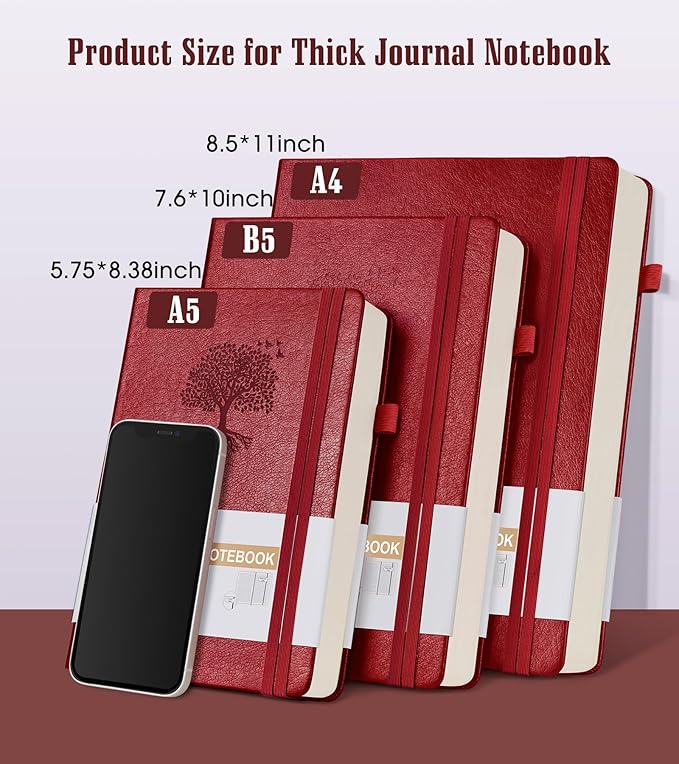 Lined Journal Notebook -365 Pages A5 Thick Journals for Writing Ruled Notebook, Hardcover Leather Journal for Women Men, Daily Notebook for Work, Note Taking, 100Gsm Lined Paper( 5.7'' X 8.3'' Wine)