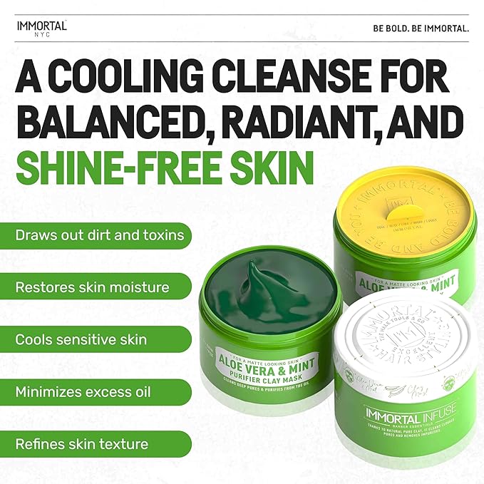 Immortal NYC Aloe Vera & Mint Purifier Clay Mask – Face Mask for Matte Look Skin, Oil Control, Deep Cleansing & Refreshing Skincare. Great Gifts For Women & Men – 10 oz