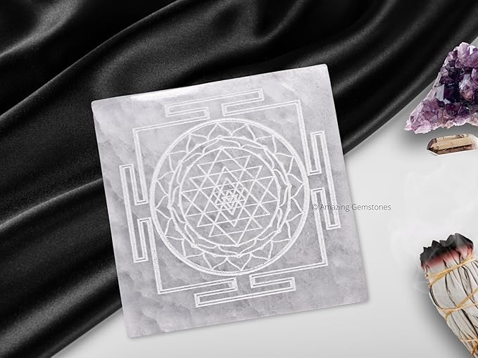 Amazing Gemstone Selenite Crystal Charging Plate For Crystals And Healing Stones, 3" Selenite Crystal Plate Engraved Shree Yantra Coaster For Home, Office Table Decor (Selenite Square)