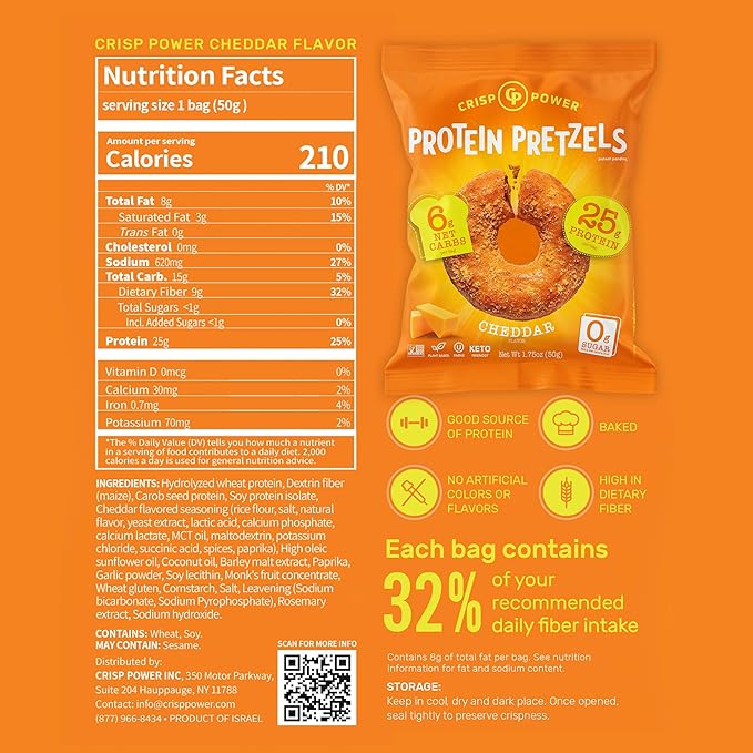 Crisp Power High Protein Pretzel Crisps - 6 Pack x 1.75 oz Crunchy & Flavorful Plant-Based Snack. No Sugar, 28g Protein Per Pack in 3 Savory Flavors, Vegan, Keto Friendly, Non-GMO, Kosher Non-Dairy (1.75 Ounce (Pack of 6), Cheddar)