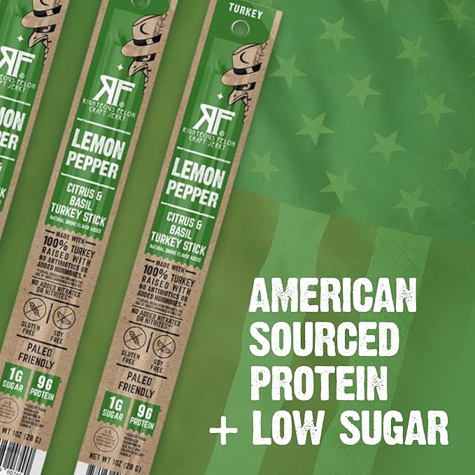 Righteous Felon Meat Sticks | 100% Turkey Sticks | Gluten Free & Keto Meat Sticks | Low Sugar & High Protein Turkey Sticks | Healthy Snack for Adults | Jerky Gifts for Men | Lemon Pepper, 24 Pack