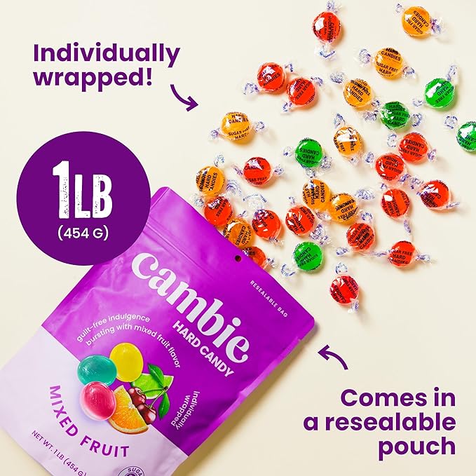 Cambie Sugar Free Mixed Fruit Hard Candy - 1 Pound of Individually Wrapped Sugar Free Hard Candy, Assorted Fruit Flavors with Cherry, Lime, and Orange, Keto & Diabetic Friendly
