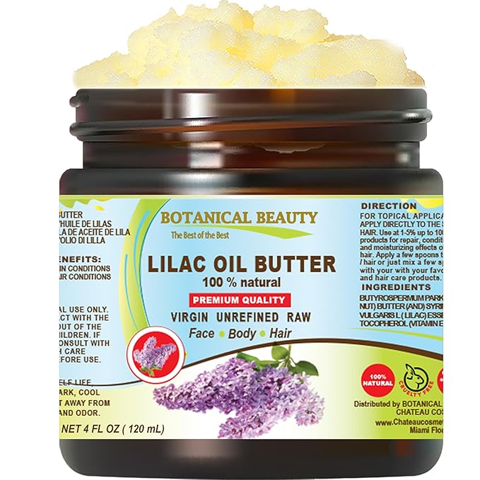 Botanical Beauty LILAC OIL BUTTER 100% Natural Lilac Essential Oil in Shea Nut Butter for FACE, SKIN, BODY, HAIR, NAILS. Beauty Skin Moisturizer Oil Butter (4 Fl Oz)