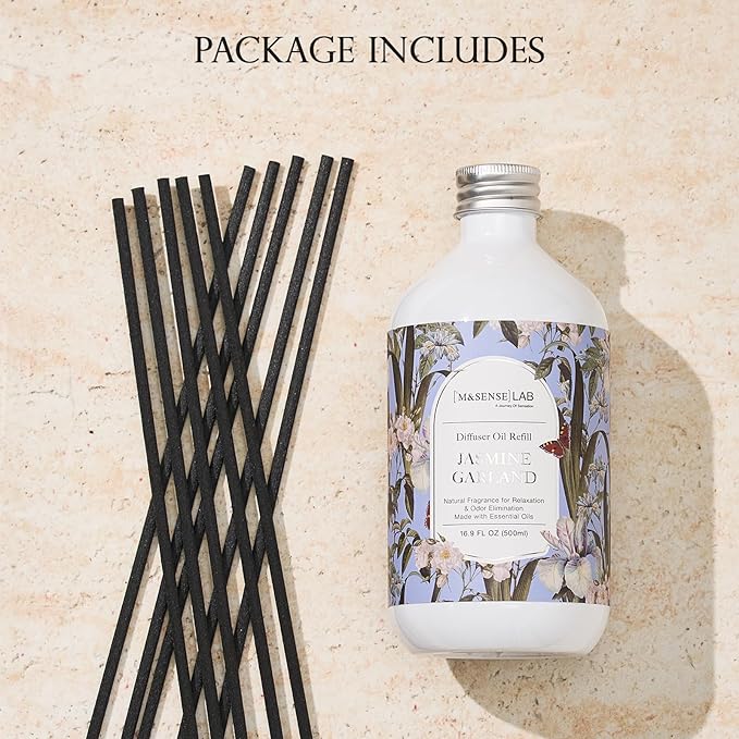 M&SENSE Reed Diffuser Oil Refill, 16.9oz (500ml) with 10 Hollow Reed Sticks, Jasmine Garland Scent Home Fragrance, Scented Oil Refills, Natural Essential Oils for Diffusers, Décor for Home Spa Office