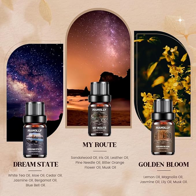 Hotel Diffuser Oils Gift Set - 6x10ML Luxury Hotel Scent Essential Oils Set for Diffuser, Candle Making - Fragrance Oil, My Route, Ember, Dream State, Serene Coast, Midnight Velvet, Golden Bloom