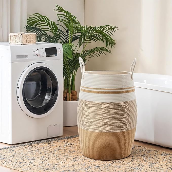 Fiona's magic 65L Extra Large Laundry Hamper Basket, Woven Tall Clothes Hamper for Storage Blanket, Toys and Dirty Cothes in Bedroom and Living Room Organizer, Yellow & White