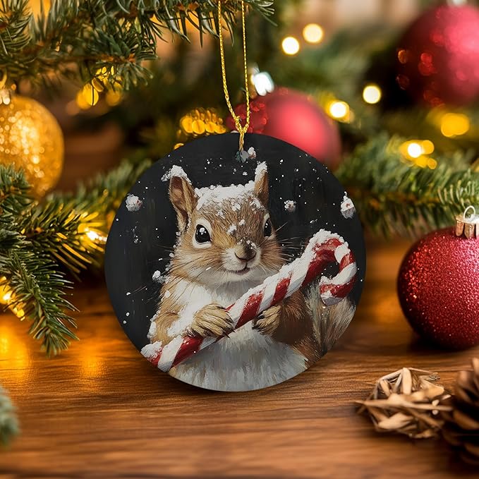 Christmas Squirrel Ceramic Ornament Gifts, Retro Rustic Winter Christmas Squirrel Decorative Hanging Ornaments for Xmas Tree Holiday Party Decoration, Animal Xmas Tree Decorations