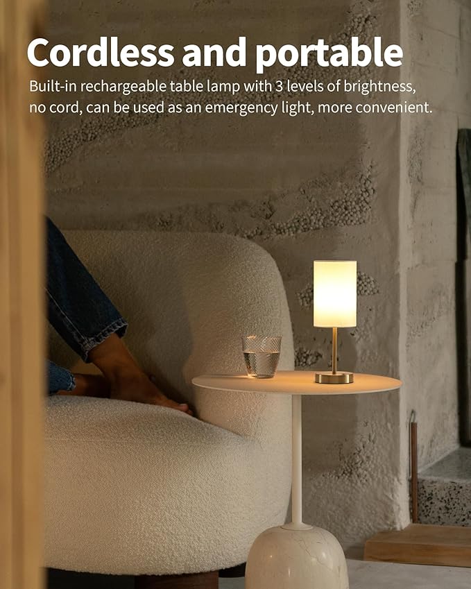 KDG Simple Cordless Table lamp, Portable Bedside 5000mAh LED Desk Lamp, 3 Brightness Levels Emergency Light, Linen Lampshade for Living Room, Bedroom, Dining Room, Night Light (Gold)