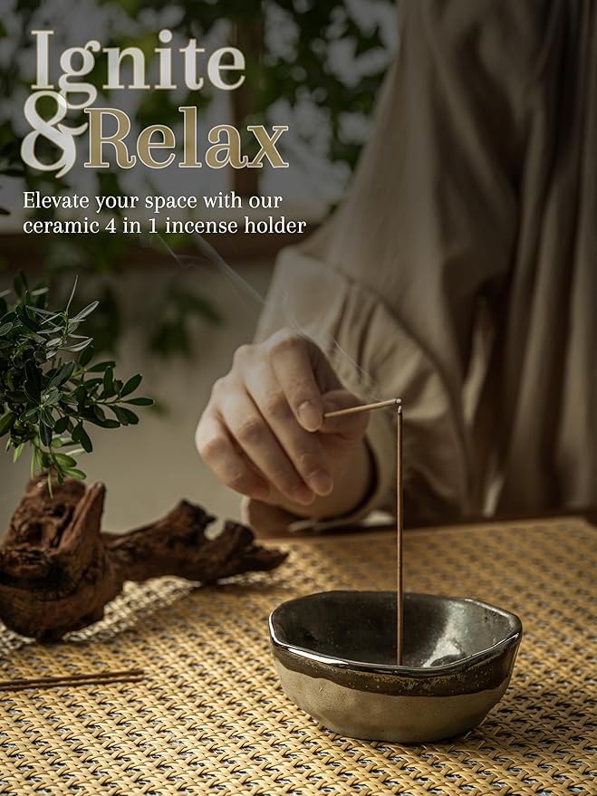 Ceramic 4 in 1 Incense Burner, 4.25 Inch Incense Holder with 3 Refined Copper Incense Sockets, Unique Round Shape Insence-Stick Holder for Meditation Decor, Yoga, SPA, Black