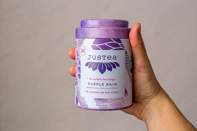 JusTea Purple Rain | Pyramid Compostable Tea Bags | Purple Tea | 12+ Cups | Very Low Caffeine | Award-Winning | Fair Trade | Non-GMO
