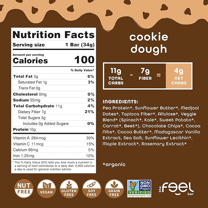 Feel Bar Minis – Kids Protein Bars | Cookie Dough – 12 Pack | 10g Plant Protein | 100 Calories | No Added Sugar | + Daily Veggies | Gluten Free, No Nuts, No Soy, No Dairy, No Grains