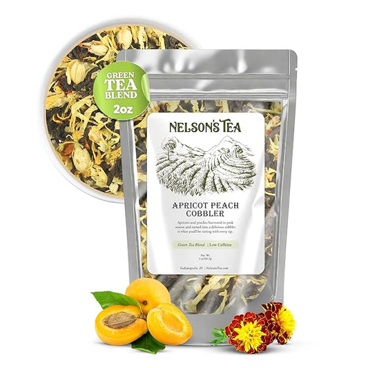 Nelson's Tea Apricot Peach Cobbler Tea Loose Leaf Blend - Jasmine Green Tea, Black Teas, Oolong, Safflower & Marigold Petals - Apricot Peach, Black Jasmine Teas (2oz)