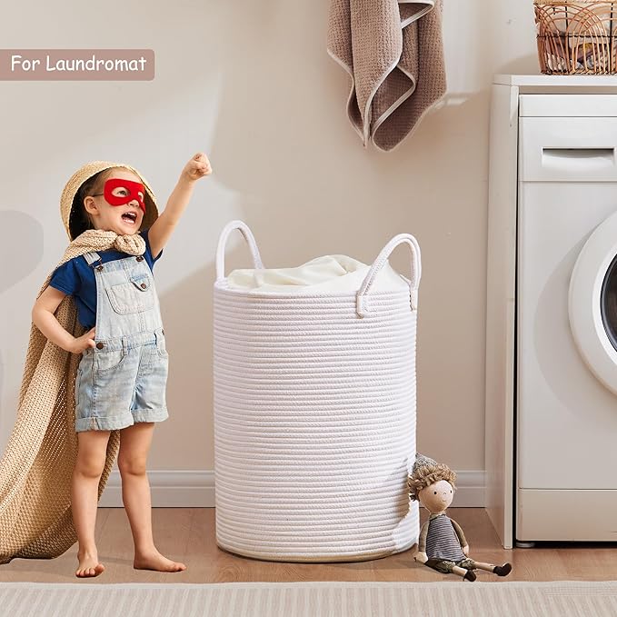 60L Pure White Woven Hamper Laundry Basket Cotton Rope Blanket Basket for Living Room 20 inches Tall Clothes Hamper for Baby Nursery Kids in Bedroom