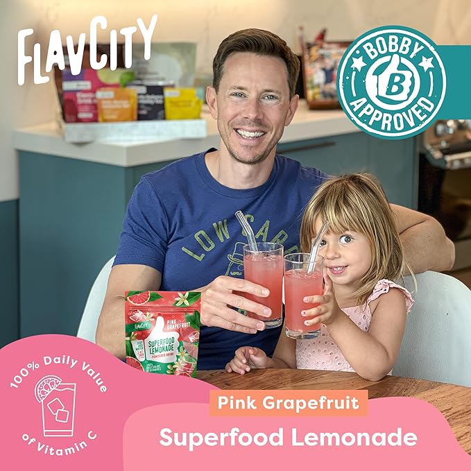 FlavCity Pink Grapefruit Superfood Lemonade Drink Mix - Sugar-Free Lemonade Powder with Real Crystallized Grapefruit & Organic Acerola - 100% DV Vitamin C - Keto, Gluten-Free, Non-GMO (30 Servings)
