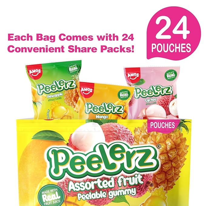 Amos Peelerz Assorted Peelable Gummy – Tropical Peeling Candy Variety Pack | Mango, Lychee & Pineapple | 24 Individual Packs (608g) | Fun, Chewy & Shareable Treat