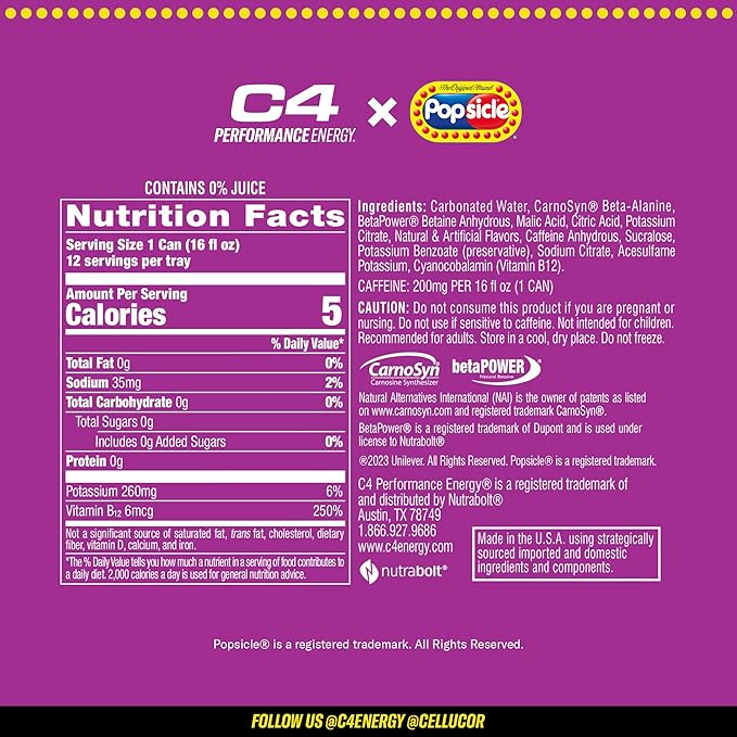 C4 Energy Drink x Popsicle Variety Pack, Carbonated Sugar Free Pre Workout Performance Drink with no Artificial Colors or Dyes, 3 Flavors - Grape, Hawaiian Pineapple, and Cherry, 16 Oz, Pack of 12