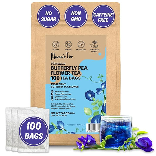 KHWAN'S TEA Butterfly Pea Flower Tea - Premium Herbal Tea Butterfly Pea Flower For Blue & Purple Natural Food Coloring, No Caffeine Tea, Sourced From Thailand