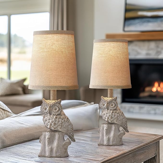 14.25" Small Table Lamps Set of 2 Owl Lamps for Home Decor Rustic Farmhouse Vintage Bedside Table Resin Retro Nightstand, White