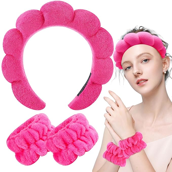 Zkptops Spa Headband for Women Sponge Makeup Skincare Headband Washing Face Wristband Set Terry Cloth Bubble Soft Get Ready Hairband Puffy Padded Headwear Non Slip Thick Hair Accessory(Hot Pink-2)