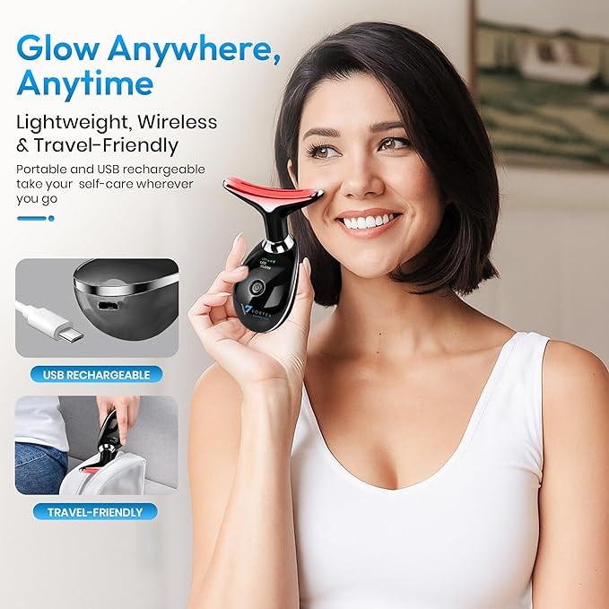 7-in-1 LED Face & Neck Massager – Skin Firming, Anti-Aging, Vibration & Heat Facial Tool for Home Use – Red & Blue Light Therapy – Model ES-1081