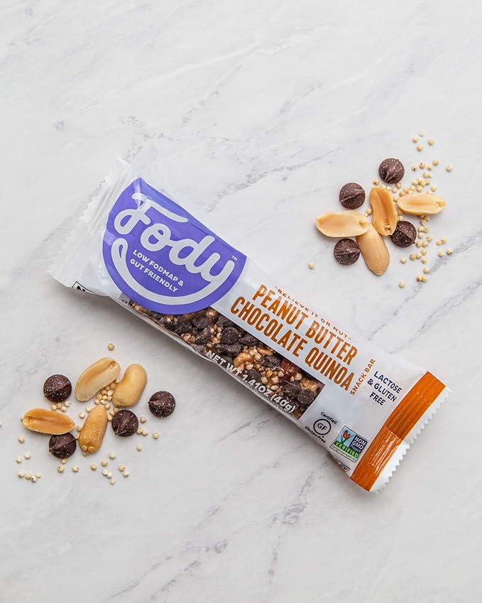 Fody Foods Snack Bars, Peanut Butter Chocolate Quinoa, 1.41 Oz (Pack of 12), 6g Protein, Low FODMAP, Gut & IBS Friendly, Vegan, Lactose Free, Non-GMO, Gluten Free
