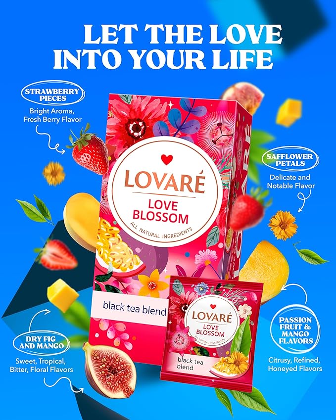 Individually Wrapped Tea Bags By Lovare Made in Ukraine - Black and Green, Floral, Passion Fruit, Huchlebbery Herbal Set with Flowers - Gift Box For Blooming Tea Lovers Men & Women - 48 g (24 tea bags x 2 g each) (Love Blossom)