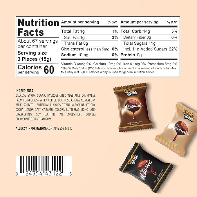 Candy Break Coffee Drops, Center Filled Hard Candy, Coffee Candy Individually Wrapped, Macchiato, Espresso, Cappuccino Flavored Candies, Caffeine Candies 2.2 Pound Bulk Bag, Variety Pack of 1