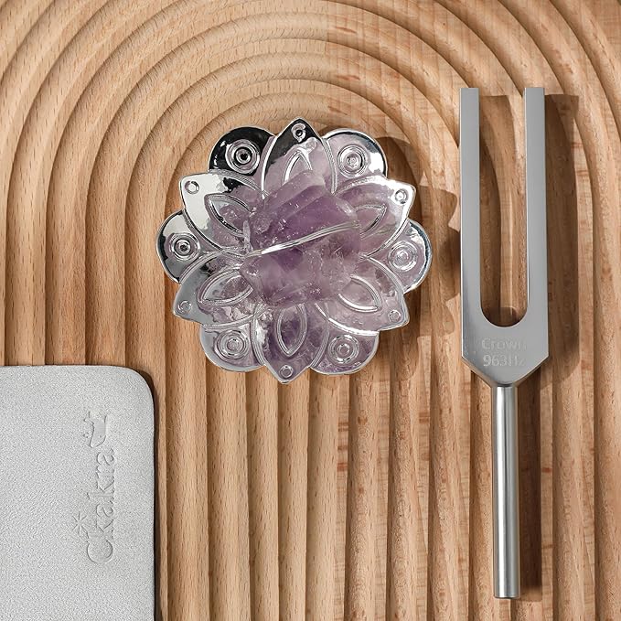 Ckakra Solfeggio Frequencies Tuning Fork with Crystal Kit,Solfeggio Energy Tuners,963hz Crown Chakra,Natural Amethyst,Meditation Gifts for Women,Shiny Silver