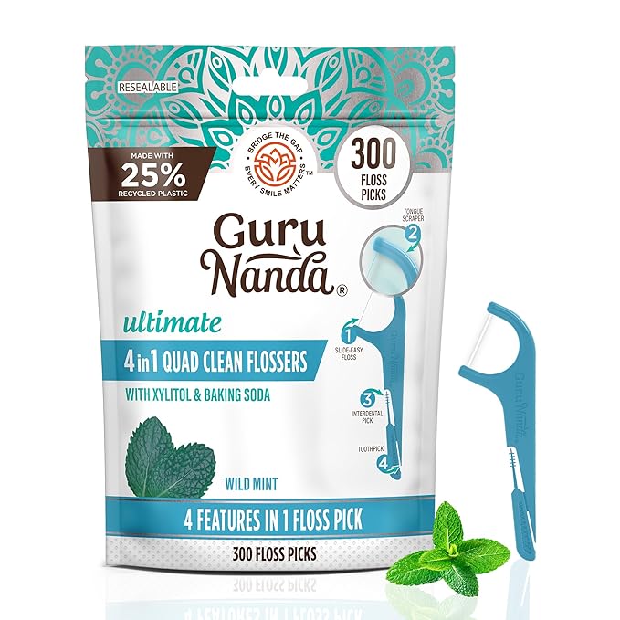 GuruNanda Quad Clean Floss Picks 4-in-1 with Tongue Scraper, Interdental Pik & Toothpick, Non-Shred Dyneema Thread, with Xylitol & Baking Soda, 300 ct