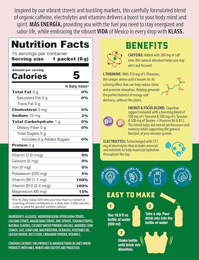 Hydration + Energy Electrolyte Drink Mix – Strawberry Watermelon Agua Fresca Flavor | Sugar-Free Powder with Caffeine, L-Theanine, Coconut Water & Minerals | 15 Single-Serve Stick Packs