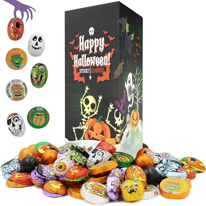 Fruidles Halloween Mysterious Chocolate Assortments, Trick-Or-Treat Party Bag Fillers, Creepy Pumpkin Monster Face Design Foils, Kosher Certified (1 Pound Box, Approx. 44 Pieces)