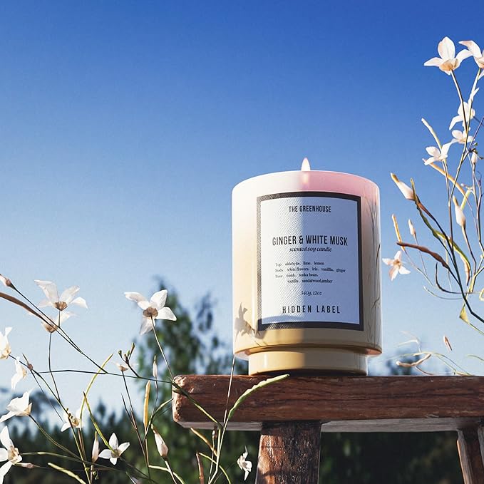 Hidden Label Ginger & White Musk Soy Candle, 12oz/75-Hour Burn Time, 100% Natural Soy Wax, Aromatherapy Candle for Stress Relief, Meditation, Yoga & Relaxation